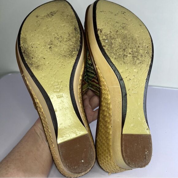 Linea Paolo Boho Southwestern Turquoise Slip On Wicker/Wood Wedge Sandal Size 10 - Picture 7 of 10